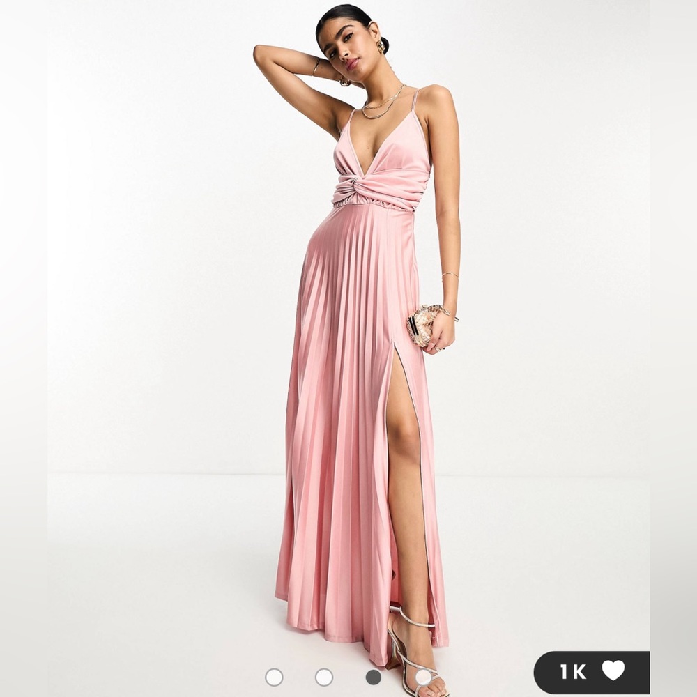 ASOS DESIGN plunge cami waisted pleated maxi dress in rose gold